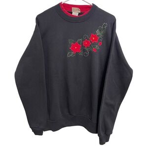 Vintage Morning Sun Top Stitch Poinsettia Grandma Christmas Holiday Sweater L
